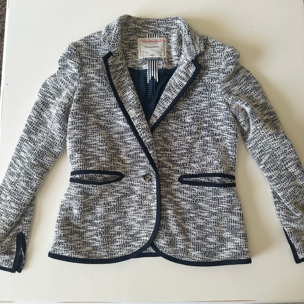 Anthropologie Cartonnier Tweed Blazer Jacket Size 6 Black White Trimmed Knit